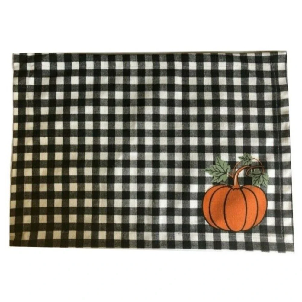 Thanksgiving Placemats Set of 4 Black Buffalo Check Pumpkins 14x19